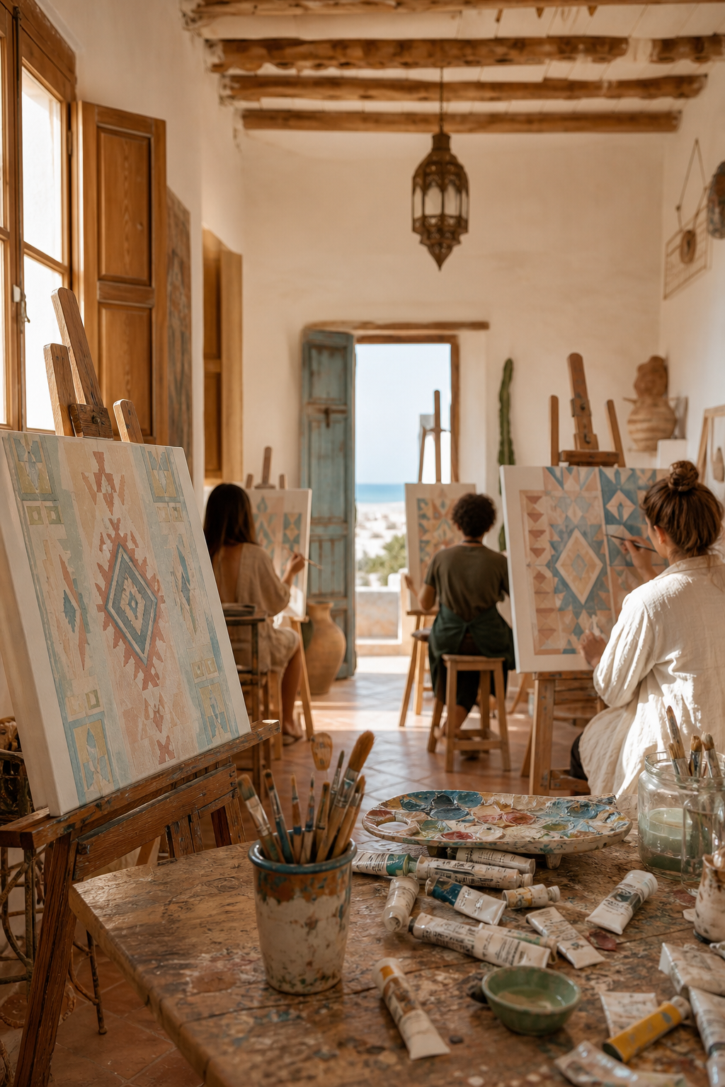 Painting workshop with canvas and Berber motifs