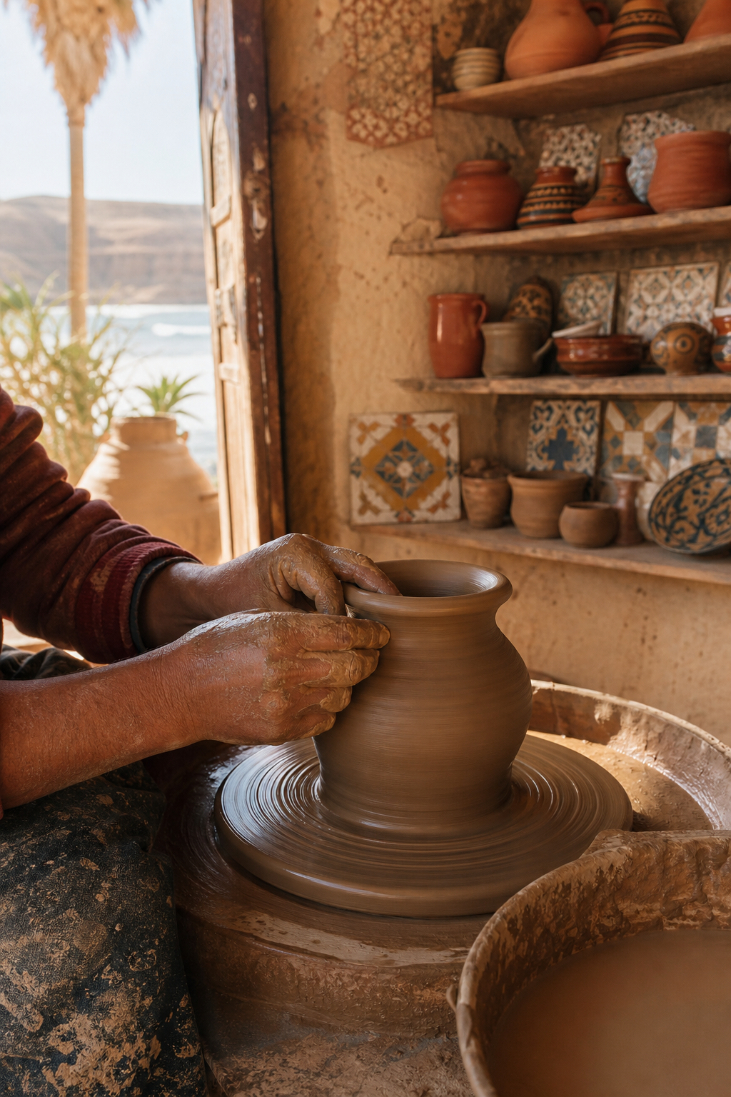 Hands shaping a ceramic vase on a pottery wheel
