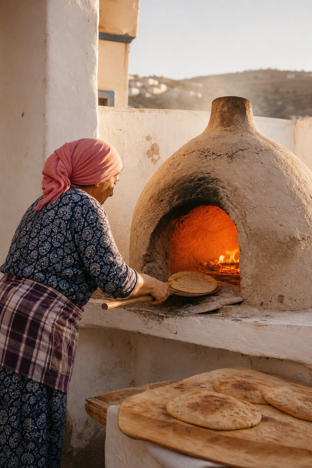 Hands kneading dough beside a wood-fired community oven