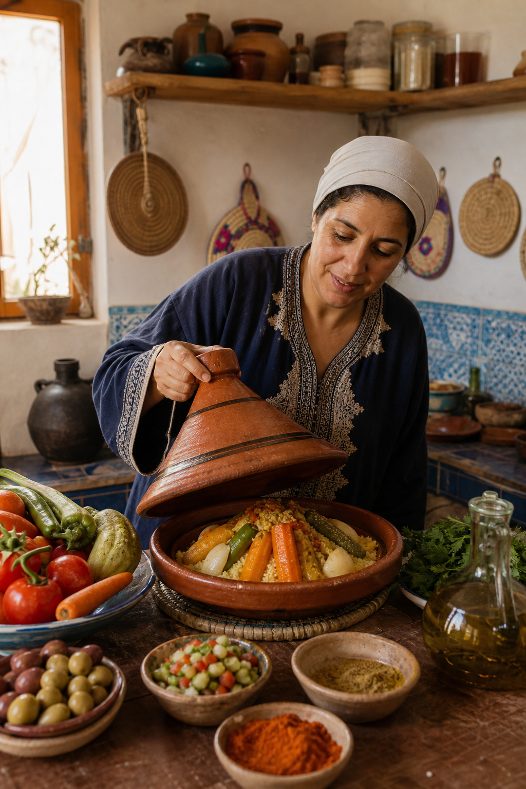 Woman lifting a tajine lid in a traditional Moroccan kitchen