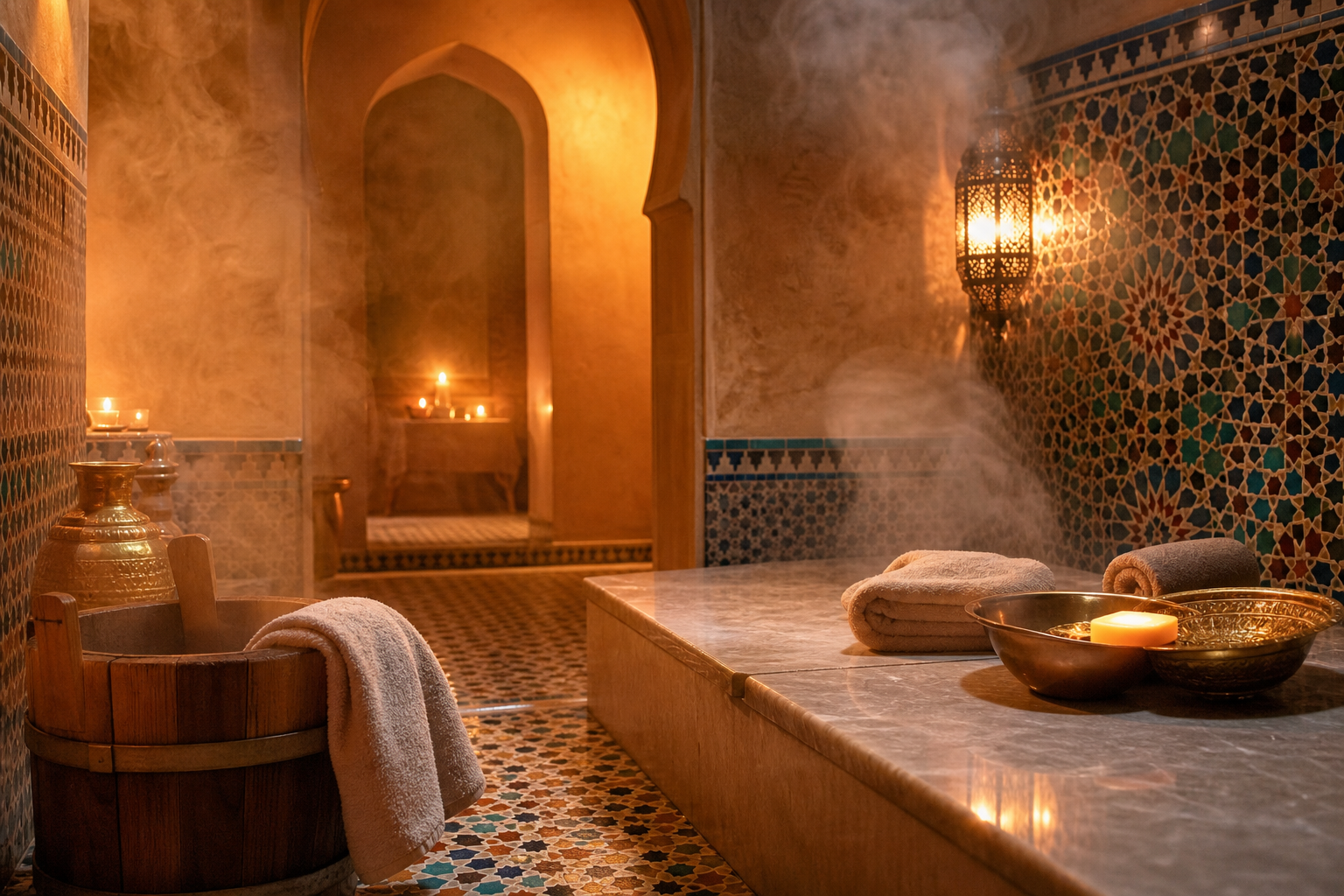 Traditional hammam interior with mosaic pool and steam
