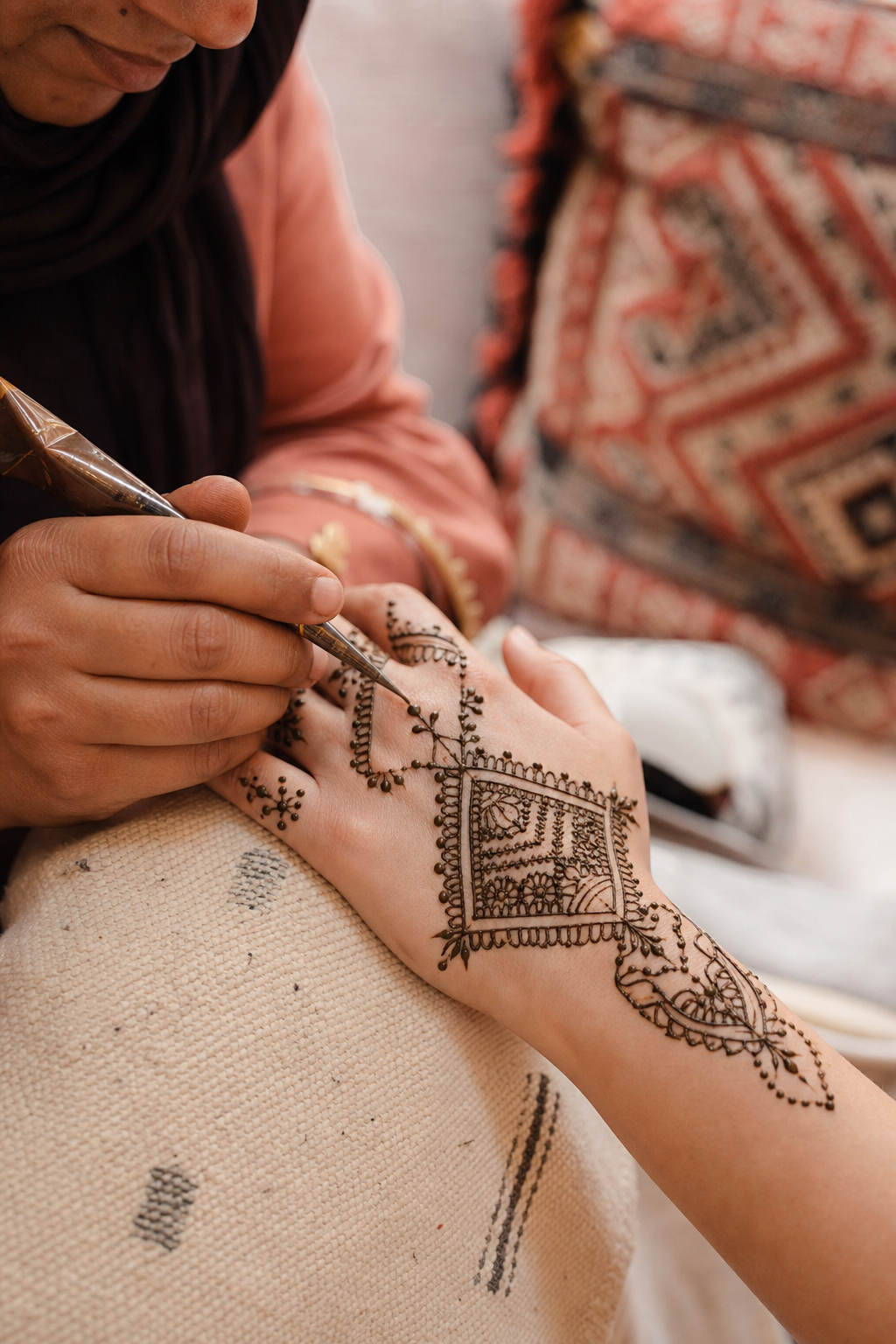 Hands decorated with traditional Berber henna designs