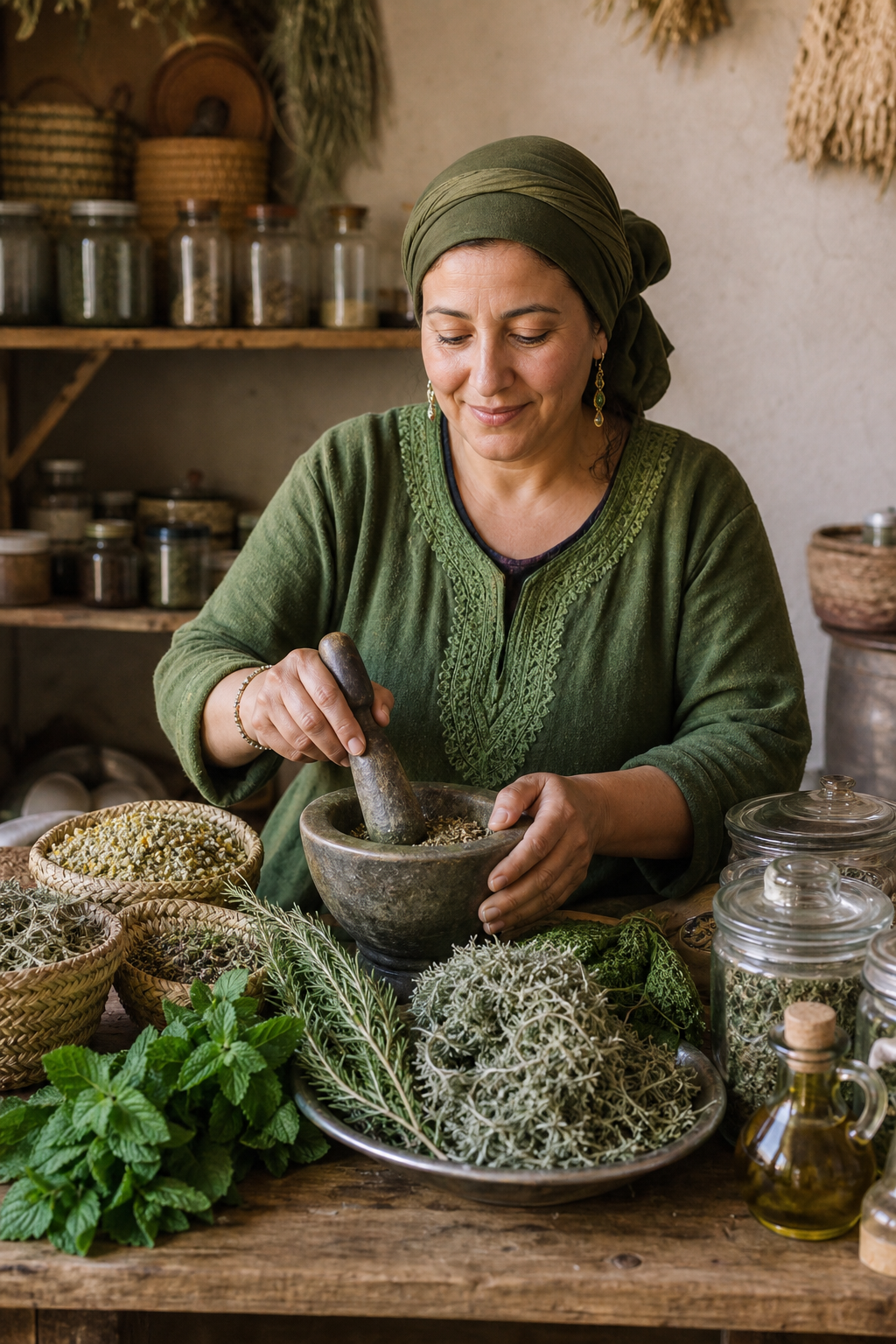 Dried herbs, jars and mortar on a workshop table