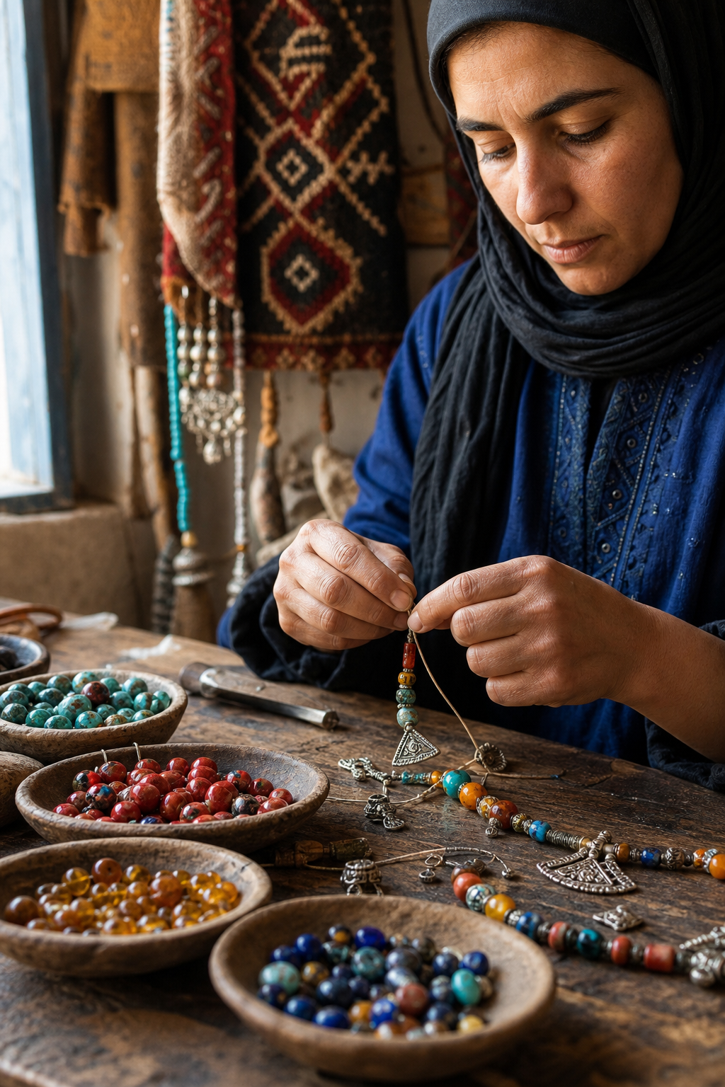 Hands crafting a silver bracelet with Berber patterns