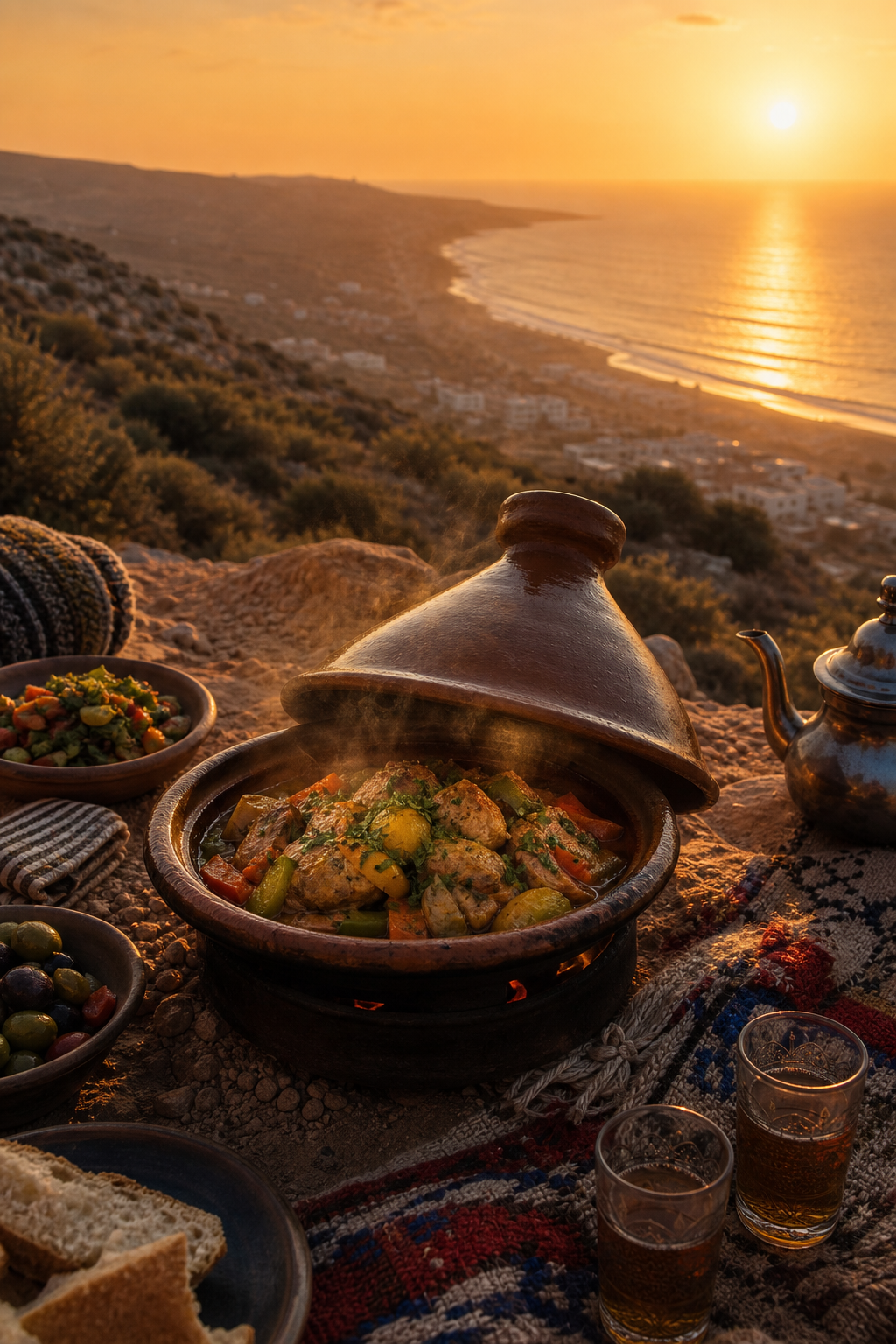 Tajine pot on a hilltop overlooking the Atlantic at sunset
