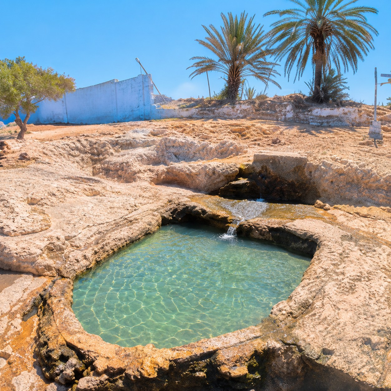 Natural turquoise hot spring pool at Anza among rocks and palm trees