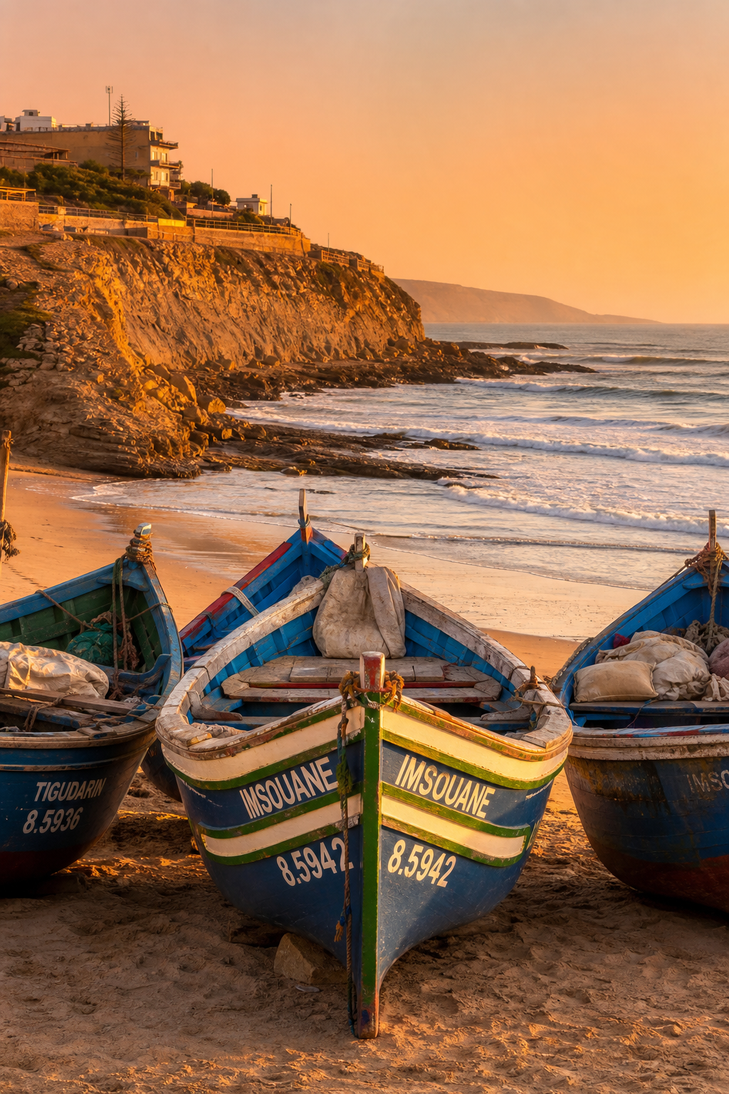 Imsouane bay with fishing boats and long Atlantic waves