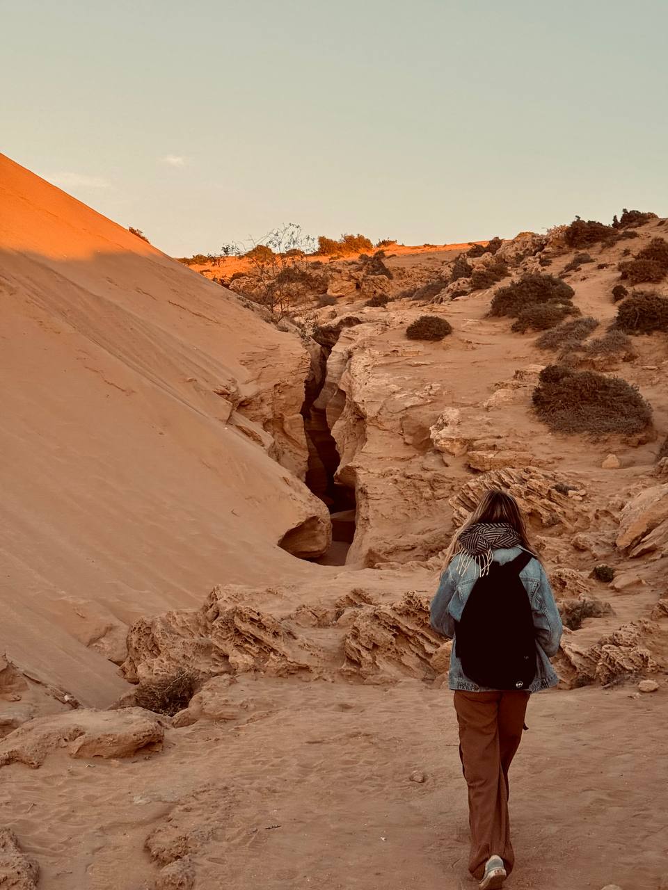 Person walking into a canyon between orange dunes and rocky slope at sunset in the Small Desert