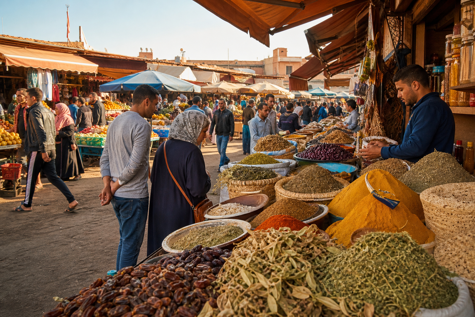 Moroccan market stalls with spices and produce