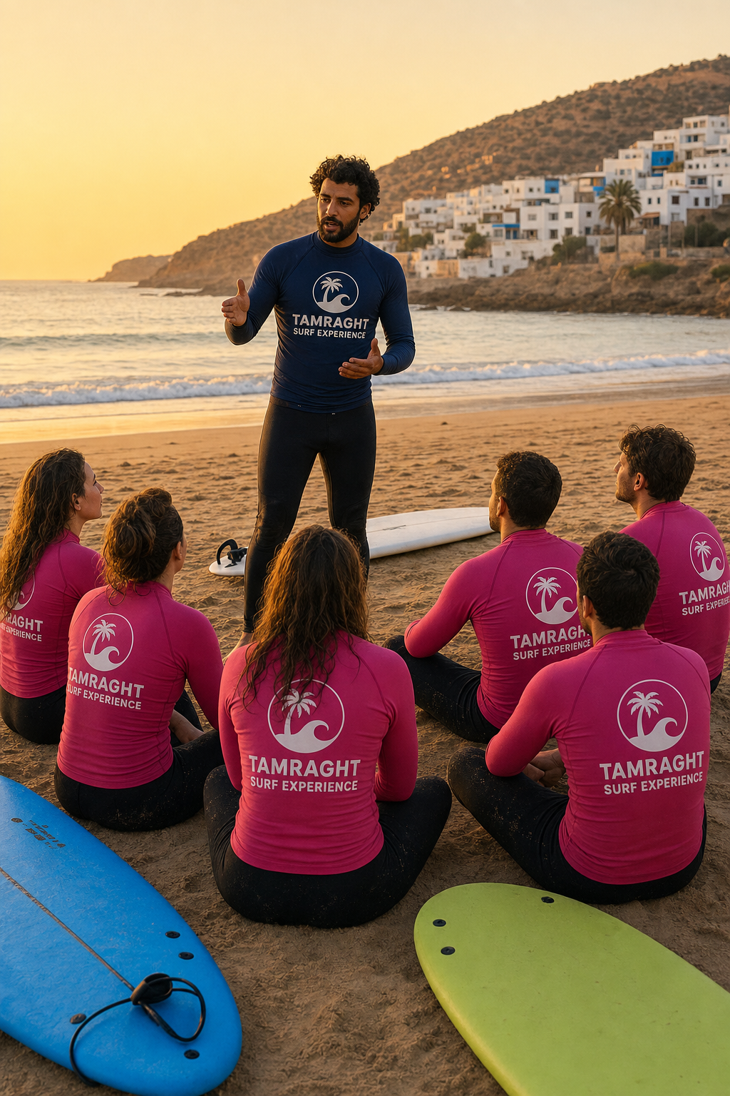 Surf instructor with students on the beach at sunset