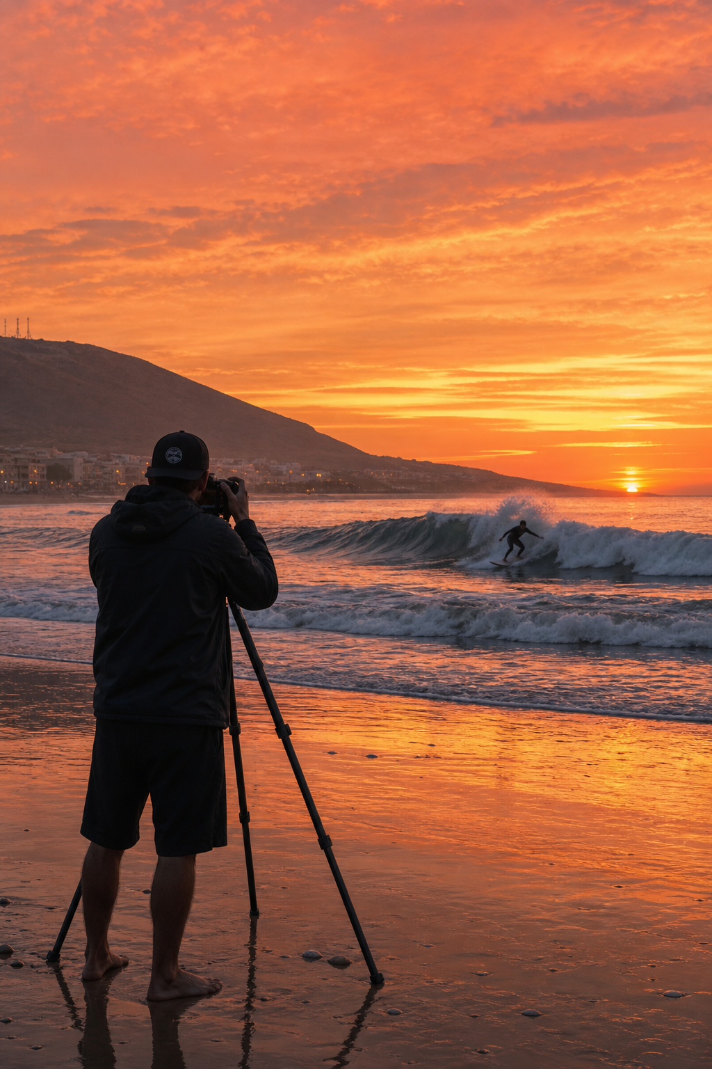 Photographer on the beach at golden hour capturing a surfer
